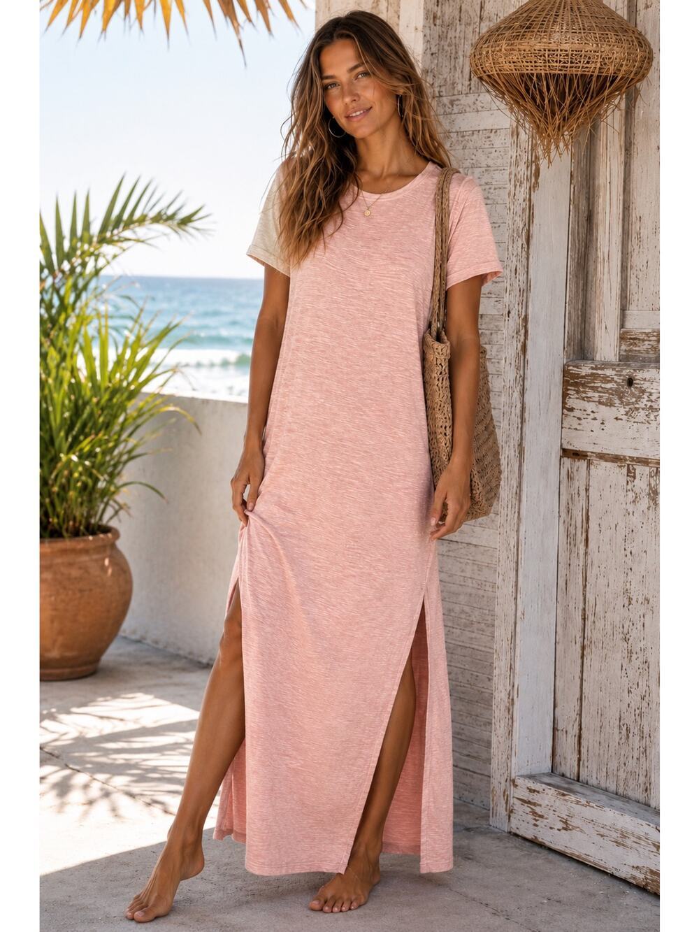 Daily Practice Peach Pink Cotton Maxi Dress S T-Shirt Dress Resort Coastal Beach